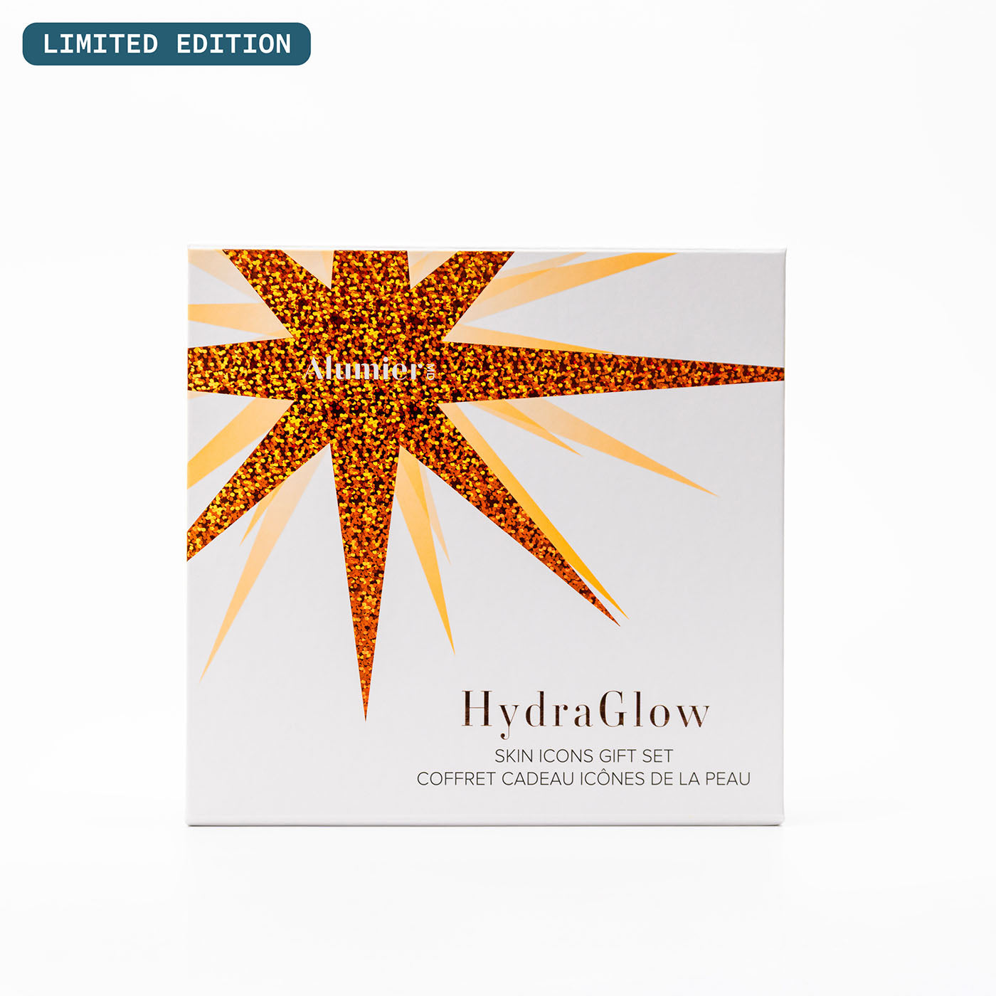HydraGlow huidiconen geschenkset verpakking met decoratief ontwerp op een witte achtergrond. Limited Edition staat in de linkerbovenhoek van de afbeelding.